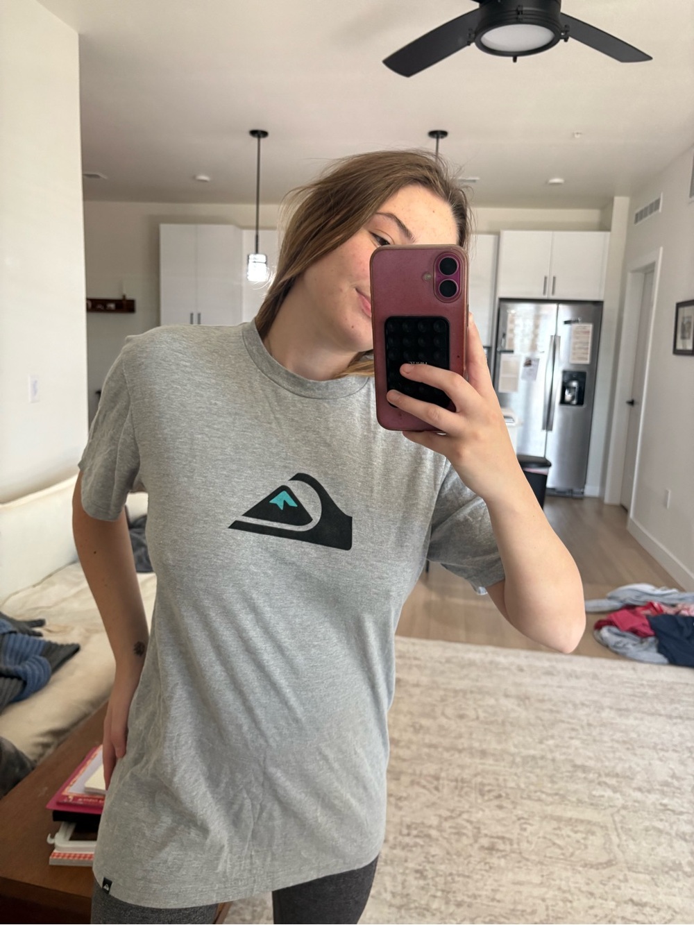 Quiksilver Light Grey Short Sleeve Logo Tee with Teal Accent